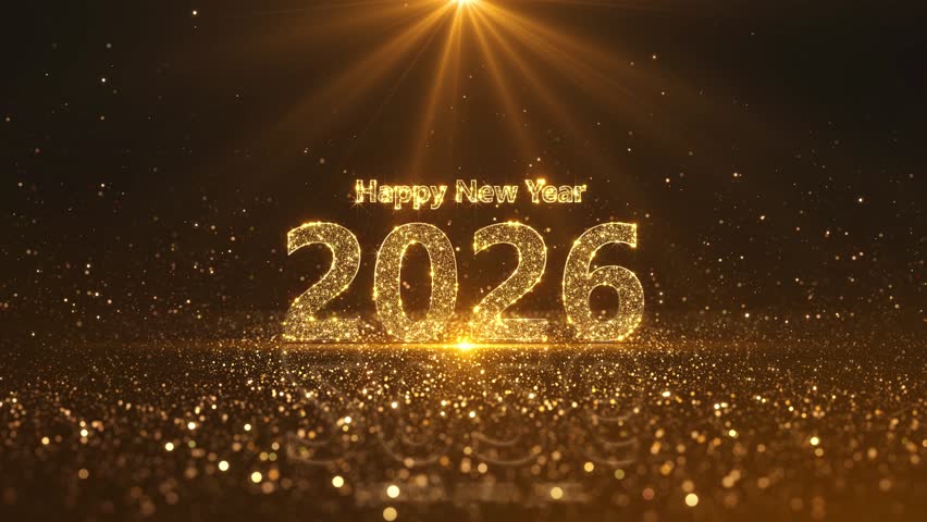 Happy New Year 2026 golden glow particle sparkling animation bokeh. Modern shimmering endless animation welcoming new year. Holiday for eve, or party. Holidays, Events, Messages and Celebrations