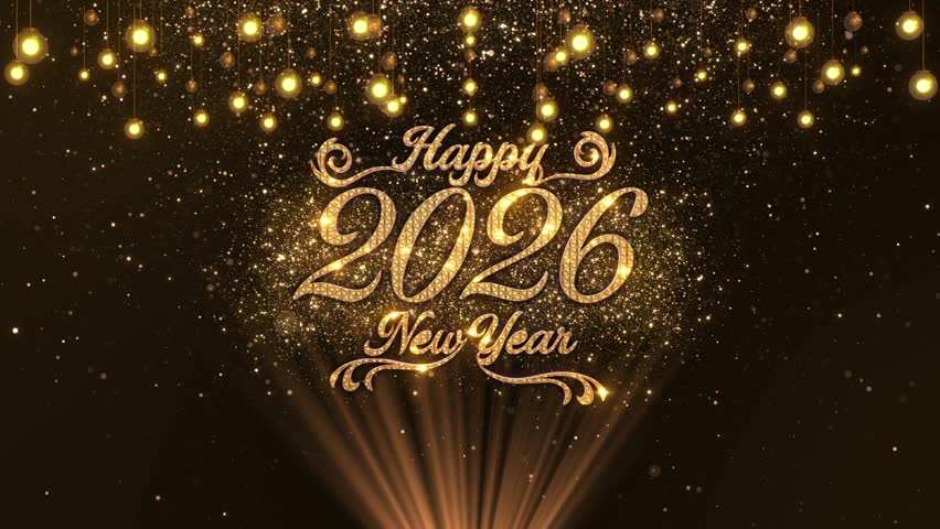 Happy new year 2026 animation golden shiny light luxury bokeh background. New Year 2026 lettering animation. Christmas celebration text sparkling effects. Greeting inscription 3d 4K Holidays, Events,