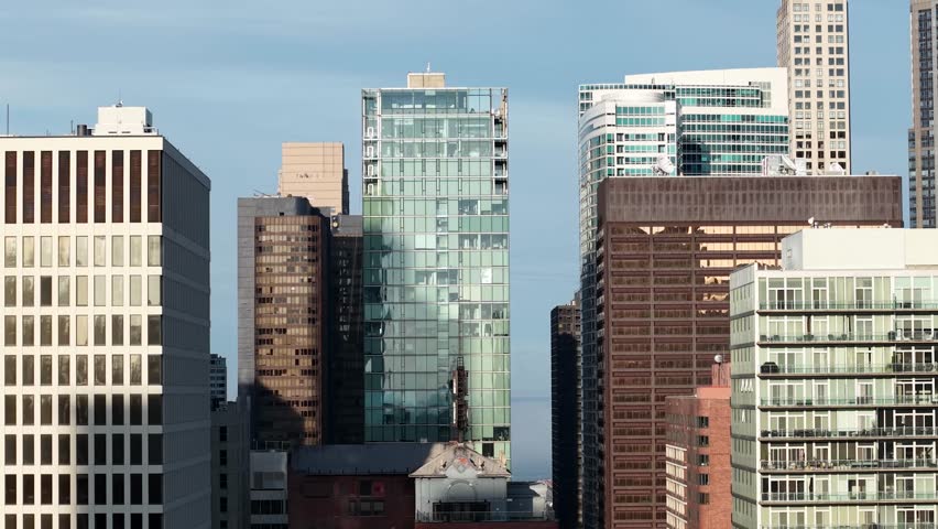Drones Shot of Downtown Chicago USA Office and Condominium Buildings on Sunny Day