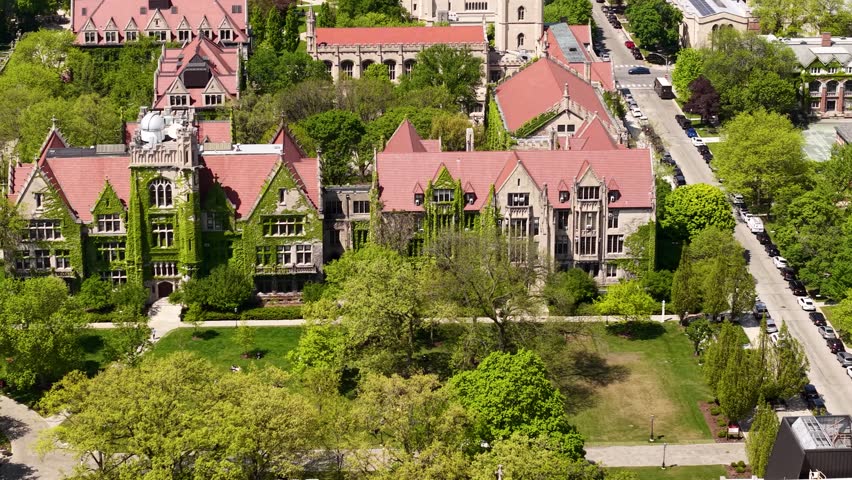 University of Chicago Laboratory Buildings With Climbing Plants on Sunny Day, Drone Aerial View