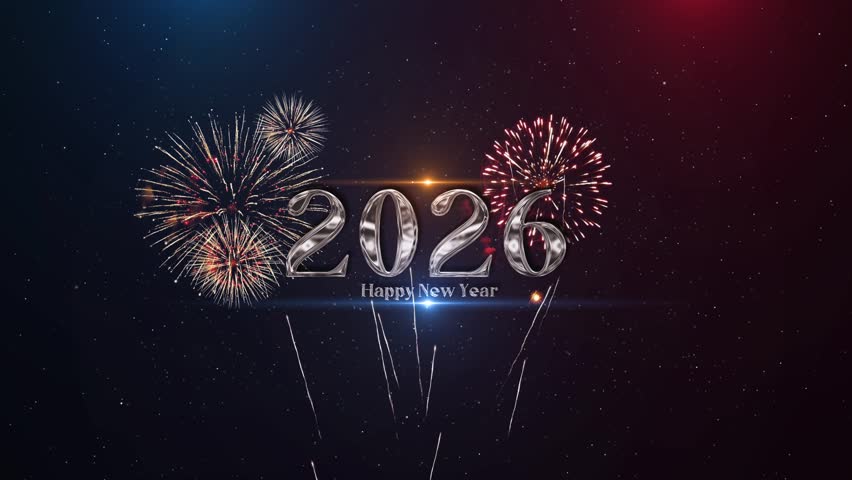2026 Happy New Year golden text shine light animation Celebration. Beautiful glow bokeh firework cinematic festive title abstract background. New year title intro festival New Year s greeting firework