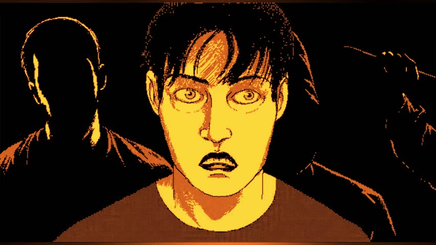 A striking image shows a profile of a person with an open mouth, rendered in a bold orange hue against a dark background with shadowy figures.
