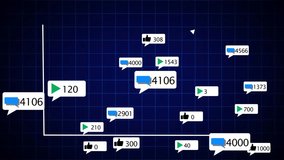 Animation of media icons and diagrams on black background. Social media, technology and digital interface concept digitally generated video. Digital composite, communication, report, business,  - Powered by Shutterstock - Get 15% off with code: PIKWIZARD15