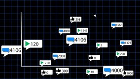 Animation of media icons and diagrams on black background. Social media, technology and digital interface concept digitally generated video. Digital composite, communication, report, business,  - Powered by Shutterstock - Get 15% off with code: PIKWIZARD15