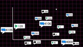 Animation of media icons and diagrams on black background. Social media, technology and digital interface concept digitally generated video. Digital composite, communication, report, business,  - Powered by Shutterstock - Get 15% off with code: PIKWIZARD15