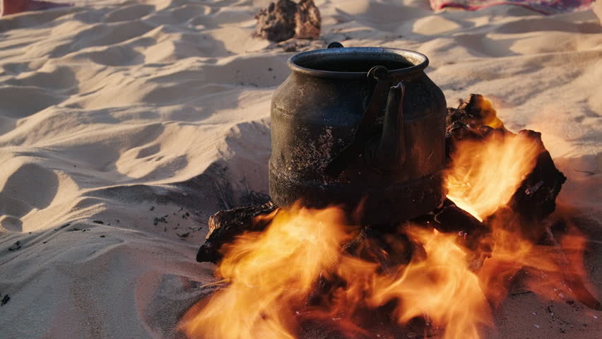 Old metal sooty kettle placed on roaring campfire in desert, with bright orange flames licking around the burning firewood. Traditional berber desert cooking. Western desert, Siwa oasis, Egypt