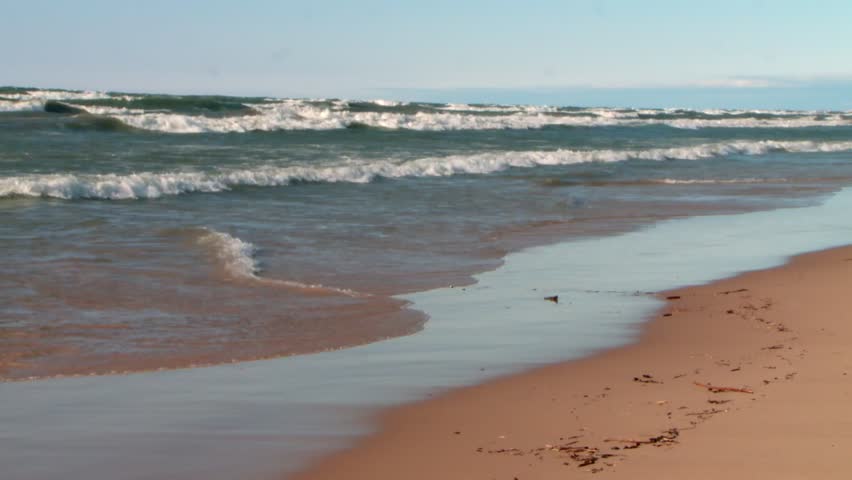 Big Waves Rolling In The Lake Michigan Seen From The Beach In Indiana Dunes National Park, USA. - wide shot