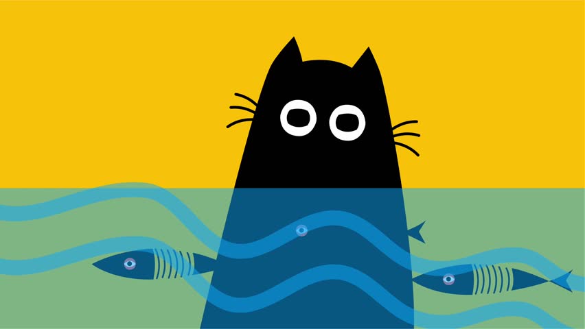 Black cat with wide eyes hiding in ocean waves