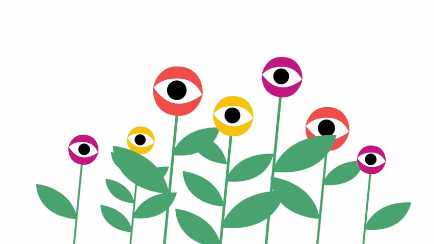 Flowers with eyeballs blooming as surreal cartoon plants illustration