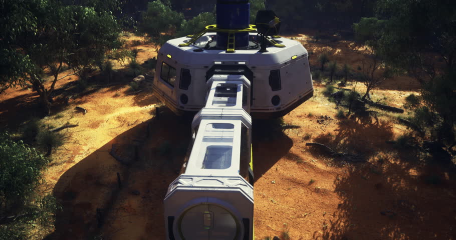 A futuristic habitat is nestled in a sunlit remote landscape surrounded by trees and dry soil. The structure features a sleek design and is positioned for optimal sunlight.