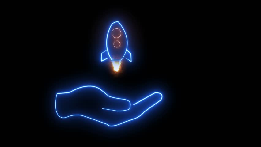 Rocket neon horizontal all the video icon space startup launch vector graphic template hd.Neon spaceship horizontal all the video rocket icon glowing startup symbol vector design.