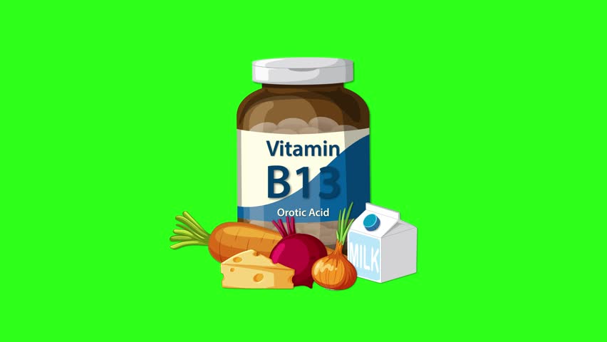 Vitamin B13 bottle with vegetables, cheese, and milk appears on green screen, smooth transition animation
