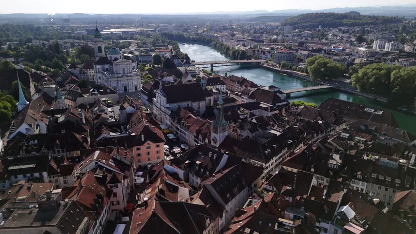 Solothurn town medieval architecture Switzerland aerial drone Europe Aare river