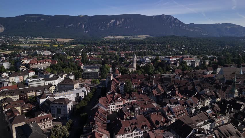 European old town Solothurn Switzerland aerial drone Europe country skyline