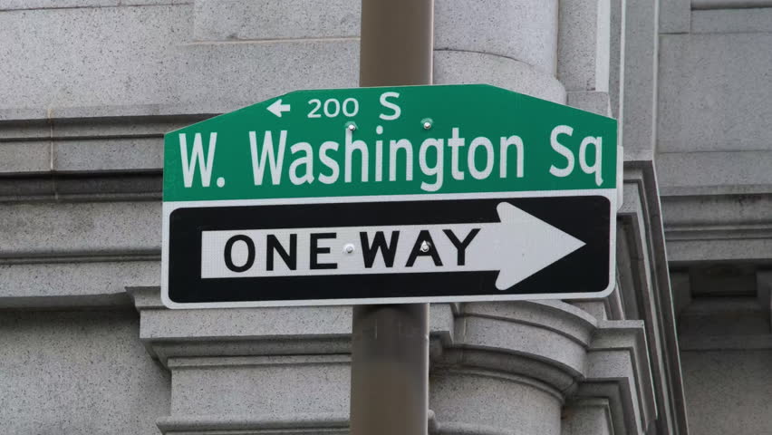 Close-up of street sign for West Washington Square in Philadelphia, one-way direction shown.