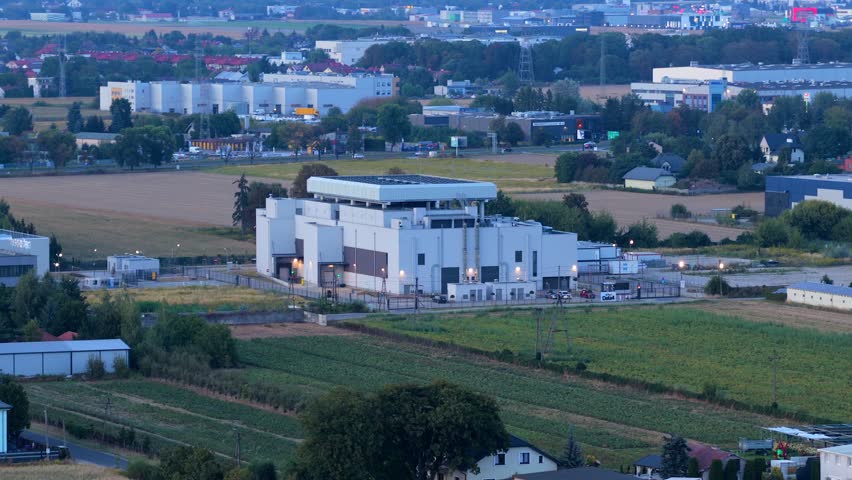Aerial view orbiting modern data center in Warsaw