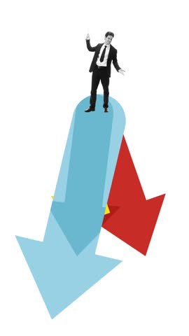 Stop motion animation of confident manager standing atop merging colored arrows. Concept of decision-making, integration, logistics, strategy, and leadership.