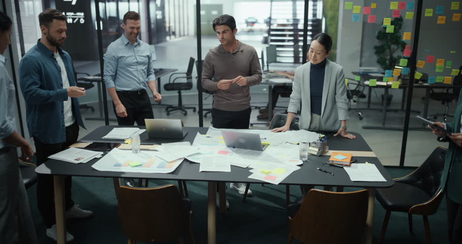 Office Meeting Compilation with Male and Female Employees Brainstorming and Reviewing Information Together. Montage Highlights Productive Discussions that Lead to Agreement and a Successful Conclusion