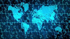 Lowpoly World Map Jigsaw Puzzle Abstract Animated Technology Background. Wireframe Puzzle Animation for Politics Problem Solving,Geopolitical Synergy Partnership, and Global Crisis Management Concepts - Powered by Shutterstock - Get 15% off with code: PIKWIZARD15