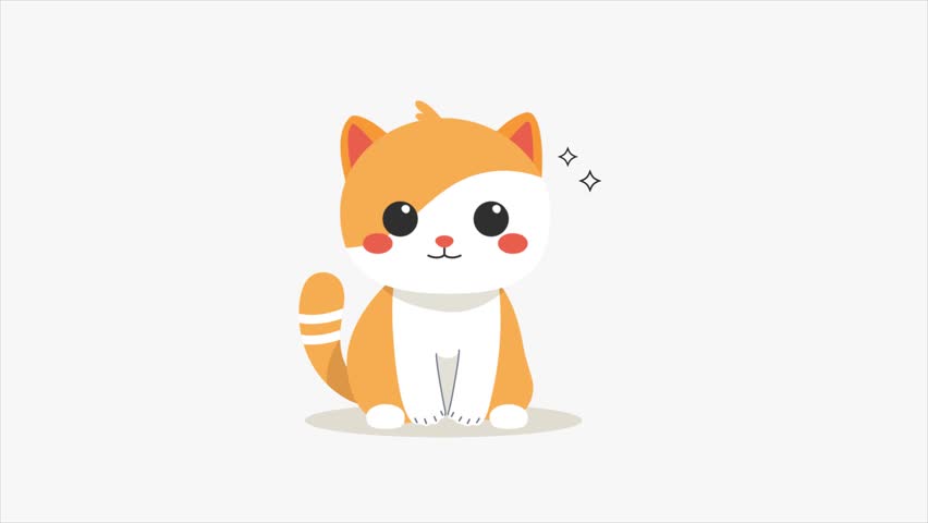 Charming looping animation of a cute orange and white cartoon cat with big round eyes and rosy cheeks, sitting calmly on the ground with a happy expression. Perfect character animation for kids