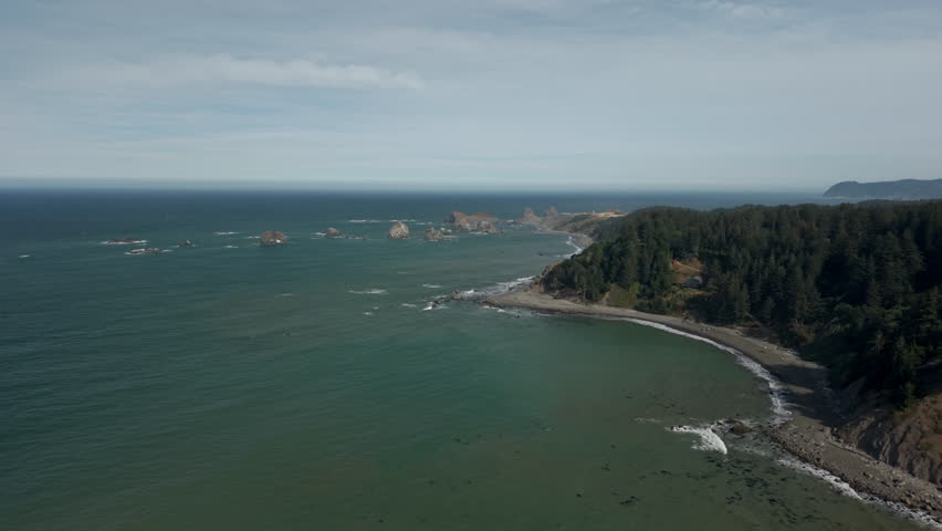 Scenic drone view of sea stacks at the Southern Oregon Coast. Aerial of Crook Point.