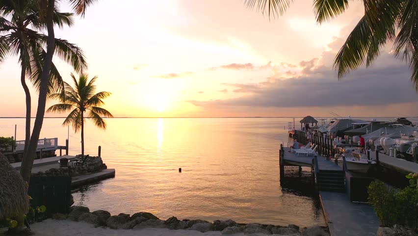 Aerial view of the tranquil water and a pier framed by silhouetted palm trees, bathed in the warm glow of the setting sun, Key Largo, Florida, United States.