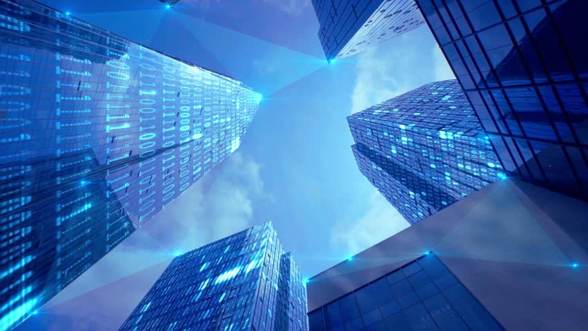 futuristic city with digital network and data flow. great for tech, business, or modern concepts. skyscrapers and a blue sky create a sleek design. - Powered by Shutterstock - Get 15% off with code: PIKWIZARD15