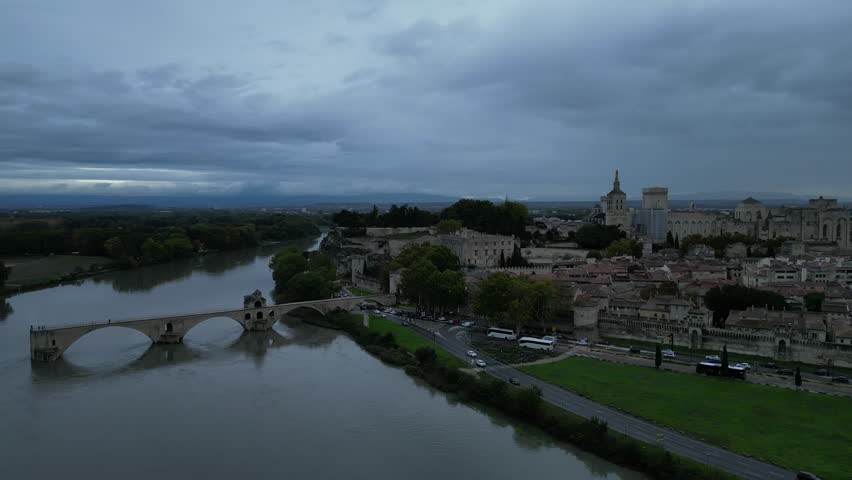 Pont Saint Benezet bridge and Rhone river aerial panoramic view in Avignon. Avignon is a city on the Rhone river in southern France.