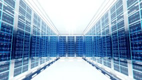 A seamless loop animation moving through a futuristic data center corridor. The blue server racks represent big data, cloud computing, and modern digital technology. - Powered by Shutterstock - Get 15% off with code: PIKWIZARD15