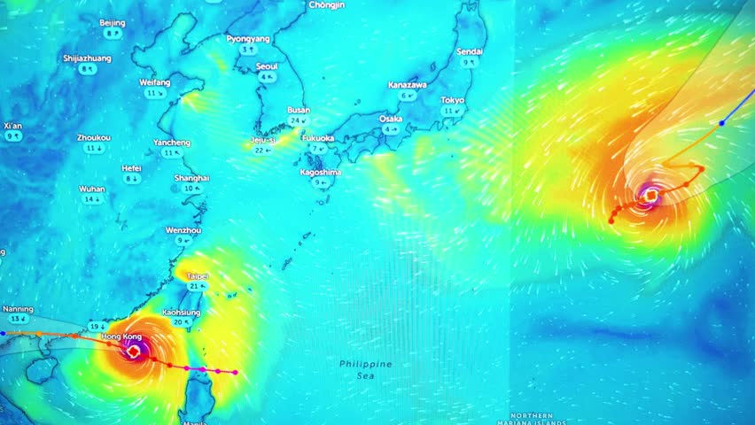 Computer screen showing Typhoons Ragasa or Nando and Neoguri over the Pacific Ocean near Hong Kong, Taiwan, and Japan, with wind patterns and storm tracks