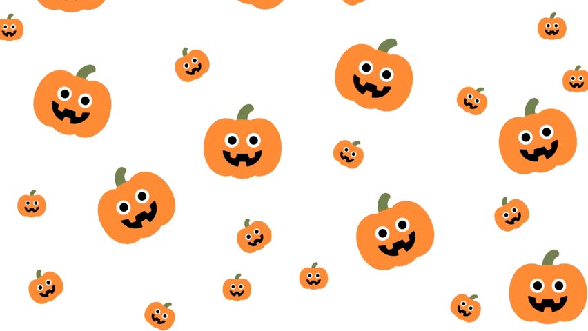 Cute Halloween seamless pattern with smiling pumpkin jack o lantern faces, big round eyes on clean white background animation