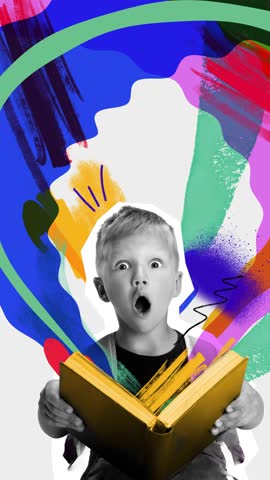 Promo video of surprised boy reading with abstract colorful brush strokes. Concept of imagination, childhood creativity, art education, school posters, and emotional storytelling.
