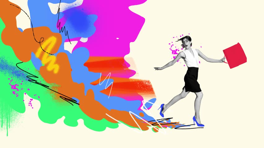 Loop animation of surprised woman running with red bag with wave of colorful brushstrokes from it. Concept of retail stress humor, fast delivery ads, urgent offer visuals, fashion blog covers.