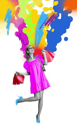 Promo video of smiling woman in pink dress holding shopping bags with colorful abstract shapes flowing from it. Concept of ecommerce ad, sales campaigns for fashion stores, influencer product features