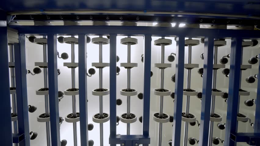 Rotating disc machine in motion seen from underneath, industrial setting