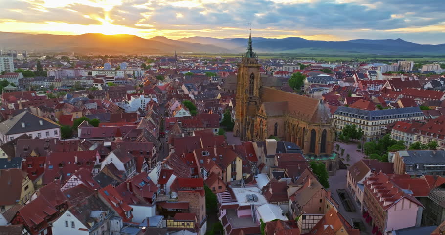 Aerial view of picturesque historic town of Colmar in the Alsace region of France