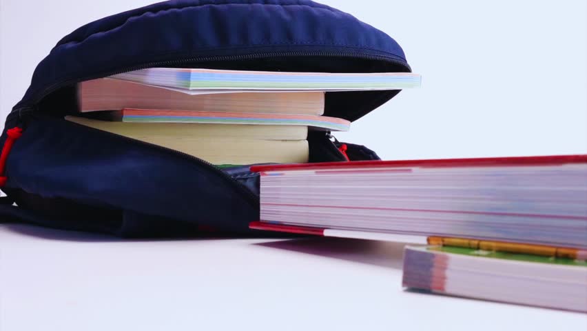 Animated academic packing scene with books, notebooks, pencils, and school supplies organized into a bag. Perfect for education projects, learning visuals, study themes, and classroom presentations.