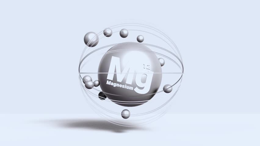3D animation of Magnesium (Mg) atom structure from the periodic table, showing nucleus and electron orbits. Perfect for chemistry, science education, laboratory visuals, and atomic research projects.