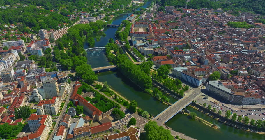 Aerial view of the city Besancon in France at summer. Old town 