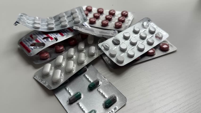 Close up shot of travel medicine pills medical supplies Imodium anti diarrhoea sickness tablets ibuprofen