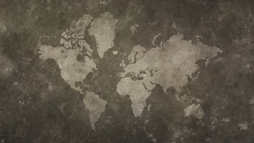 Loopable flickering sepia world map on vintage textured background, pulsing grunge surface, mottled and stained backdrop