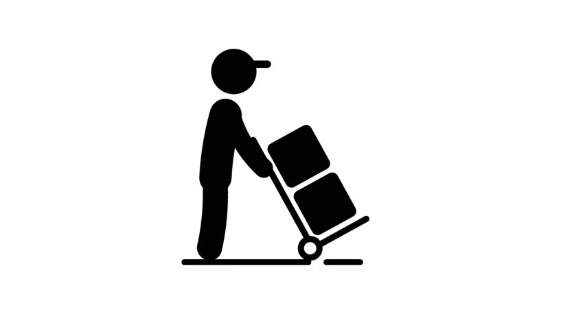 A worker pushes a trolley with a package, symbolizing delivery service, logistics, transport, hard work, and efficiency in everyday tasks