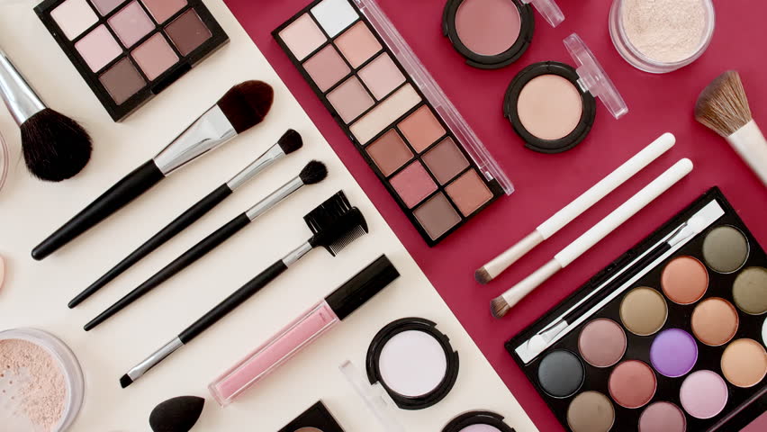Close-up Cosmetic, Makeup products brush set, Eye shadow palette, Lipstick, Foundation. Make up Natural look. Skin Care Cosmetics. Concept of Lifestyle