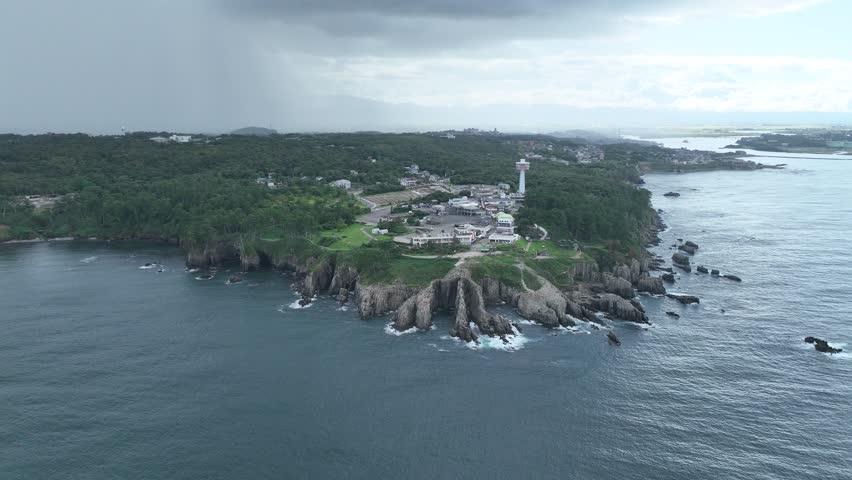 Drone aerial shot of the spectacular view from Tojinbo in Fukui Prefecture