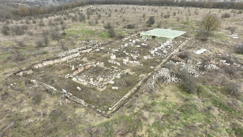 Aerial view of ancient archaeological excavation site. The great episcopal basilica in the Palmatis fortress, near the town of Dobrich, Bulgaria