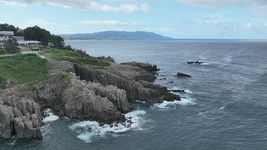 Drone aerial shot of the spectacular view from Tojinbo in Fukui Prefecture