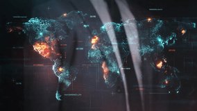 Businessperson interacting with a futuristic world map displaying interconnected data points - Powered by Shutterstock - Get 15% off with code: PIKWIZARD15