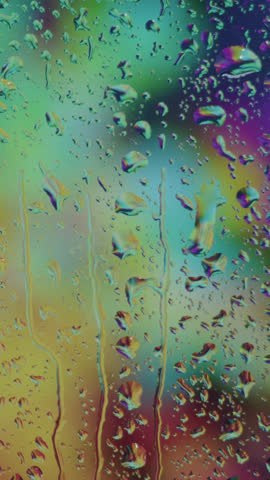 Rain-splattered windowpane with water droplets gently sliding in dim evening light, moody soft focus, ambient atmosphere, soothing scene, perfect for cinematic, introspective, melancholic visuals.