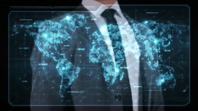 Businessman's hand interacting with a glowing digital world map on a futuristic interface - Powered by Shutterstock - Get 15% off with code: PIKWIZARD15