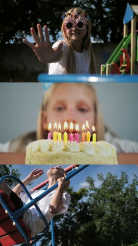 Collage of a charming girl blowing out candles on a birthday cake. Portrait of a happy, sweet child celebrating a birthday at home. Joy and lifestyle.